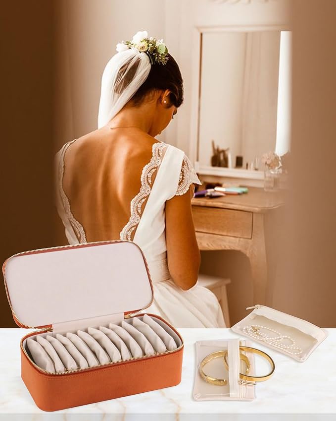 HofferRuffer Jewelry Box Organizer for Women Girls, Travel Jewelry Case with 12 Portable Zipper Bags, Jewelry Storage Ideal for Travel & Home Organization (12pcs-Brown Velvet)