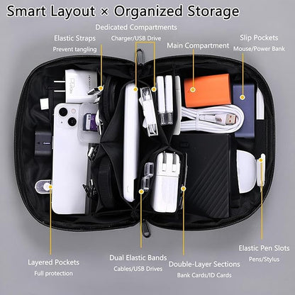 Electronics Travel Organizer Case - Tech Accessories Cord Storage Bag for Phone, Charger, Power Bank, Cables, USB, SD Card, Earphones, Magic Mouse - Portable Cable Organizer Pouch for Travel (Grey)