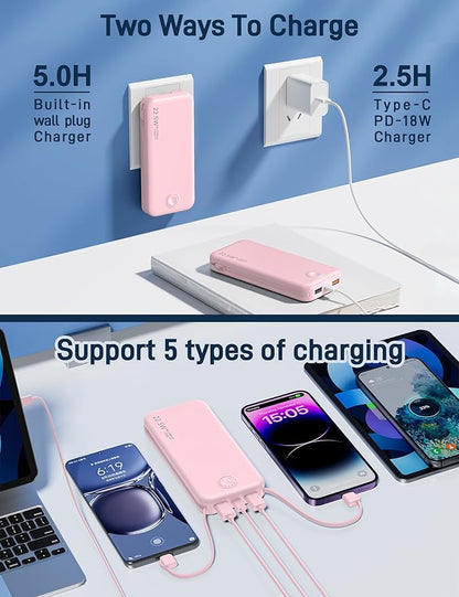 22.5W Super Fast Charging Portable Charger with Wall Plug,12000mAh USB-C Power Bank Built-in 2 Cable, Lightweight Phone Charger Travel Battery Pack for All iPhone, Samsung, Tablets