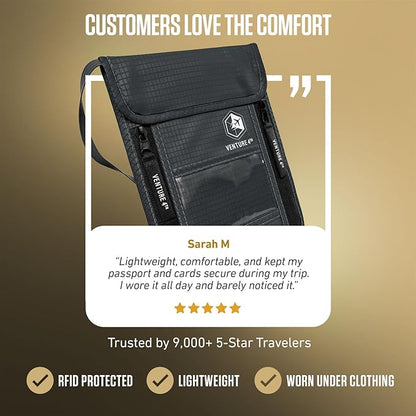 VENTURE 4TH Neck Wallet, RFID Blocking Passport Holder for Travel – Hidden Neck Pouch with 6 Compartments, Slim Lightweight Organizer with Adjustable Strap for Cash, Cards & Passport (Gray)