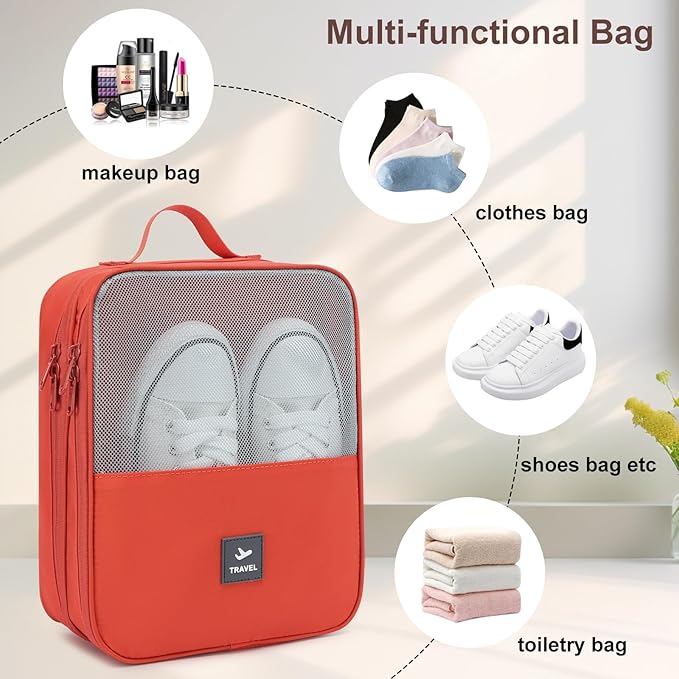 2 Layers Travel Shoe Bag, Portable Shoe Bags Hold 2 Pair Of Shoes, Water-Resistant Shoe Storage Pouch For Travel (Orange, 2 Pack)