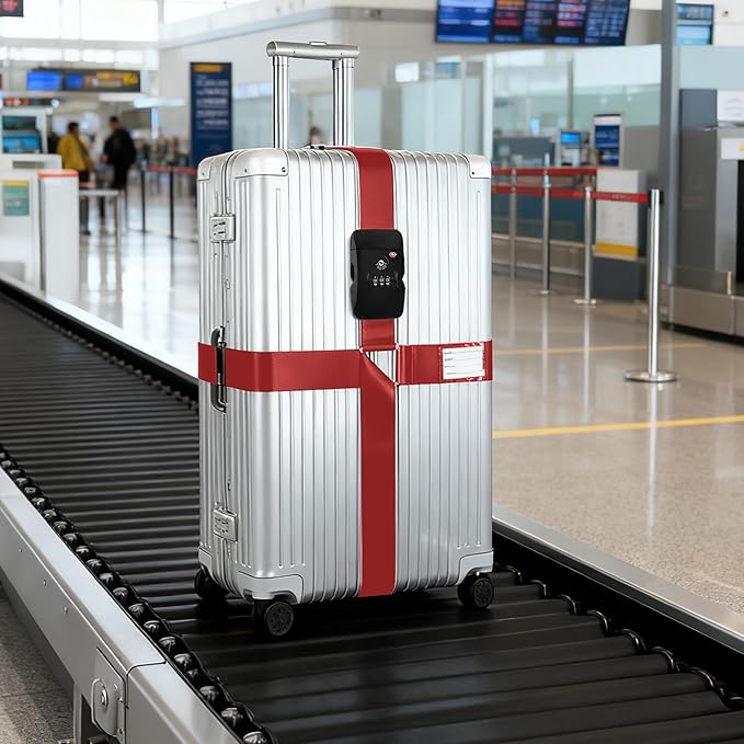 Luggage Straps, Wine-Red TSA-Approved Cross-Design Luggage Strap Belt with Customs Lock for Suitcases, 1-Pack Adjustable Heavy-Duty Cross Suitcase Straps with Name Tags for Travel and Carry-On Bags