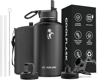 64 oz Water Bottle Insulated with Straw & 3 Lids, Coolflask Large Metal Stainless Steel Water Jug Big Half Gallon Wide Mouth for Sports, Gym or Office, Non-BPA Keep Cold 48H Hot 24H, Magic Black