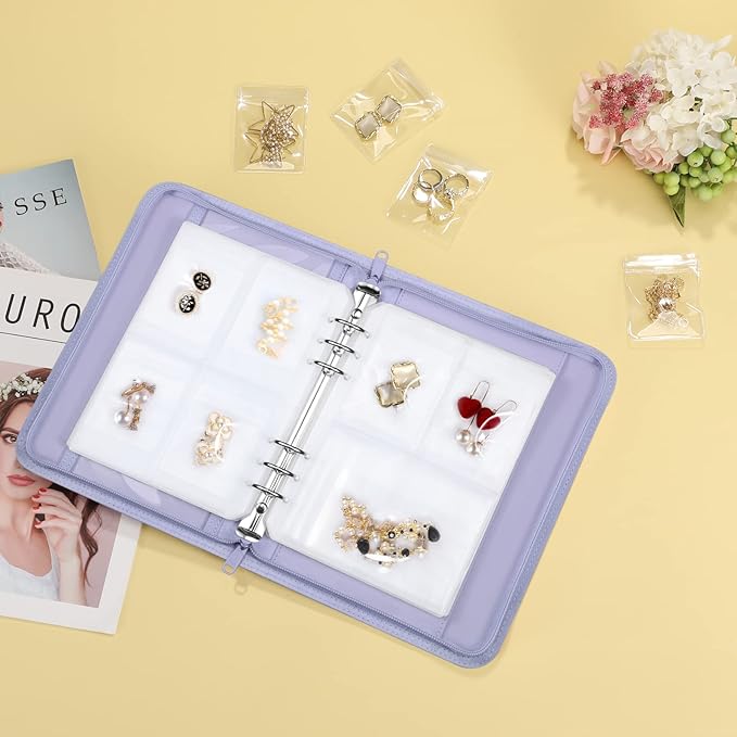 Jewelry Travel Organizer Case, PU Leather Portable Jewelry Storage Book with Transparent Pockets Zipper Bag for Necklaces, Earrings, Bracelets(48 Grids+48 Thicken PVC Bags), Lilac Purple