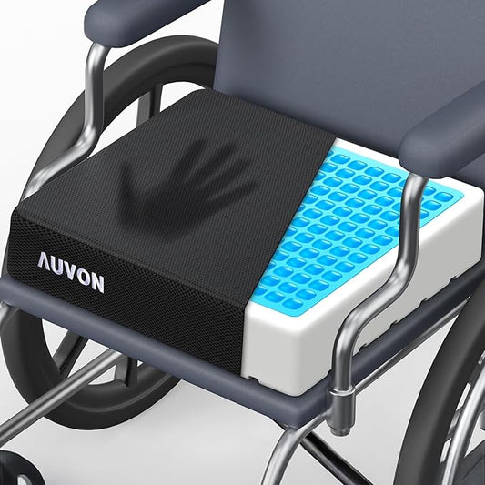 AUVON Cooling Gel Wheelchair Seat Cushion for Sciatica, Back, Pressure Sore and Ulcer Pain Relief, Breathable Memory Foam Chair Cushion with Waterproof Silk Fabric, Removable Strap, Anti-Slip Cover