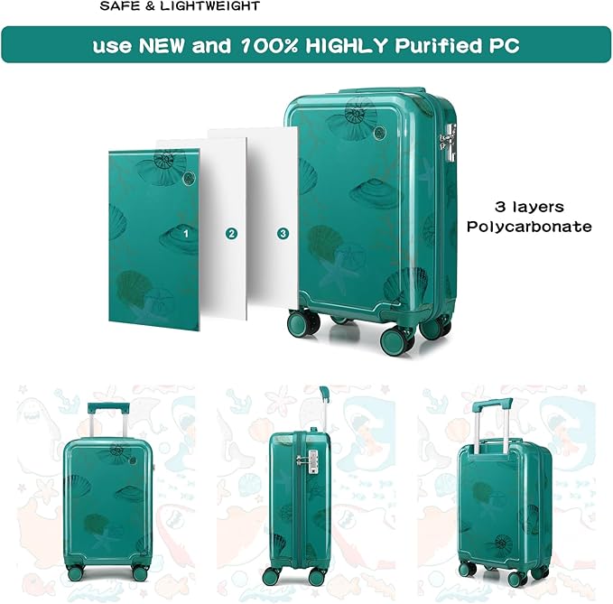 Somago Spinner 18" Hardside PC Carry on Suitcase with TSA Lock Lightweight Children Luggage(18inch, Seashell Blue)