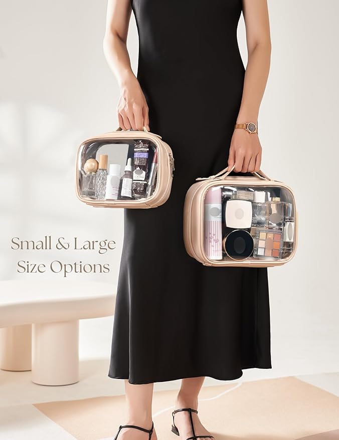 Clear Cosmetic Bag Double Layer 4 Compartments Travel Toiletry Bag Clear Makeup Bag Case with Zipper Transparent Travel Bag for Toiletries, Gift for Women Girls (Taupe, Small)