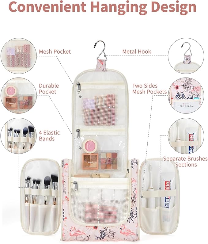 Narwey Hanging Toiletry Bag for Women Travel Makeup Bag Organizer Toiletries Bag for Cosmetics Essentials Accessories (Large, Beige Bird)