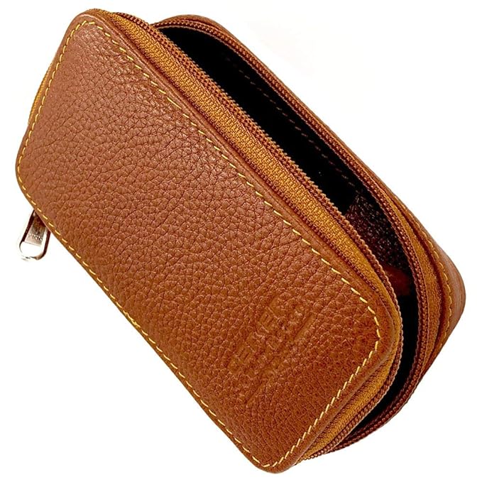 Parker Saddle‑Brown Leather Double Edge Safety Razor Case with Blade Compartment – Zip Travel Pouch