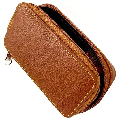 Parker Saddle‑Brown Leather Double Edge Safety Razor Case with Blade Compartment – Zip Travel Pouch
