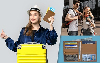 Light Brown RFID Genuine Leather Passport Wallet