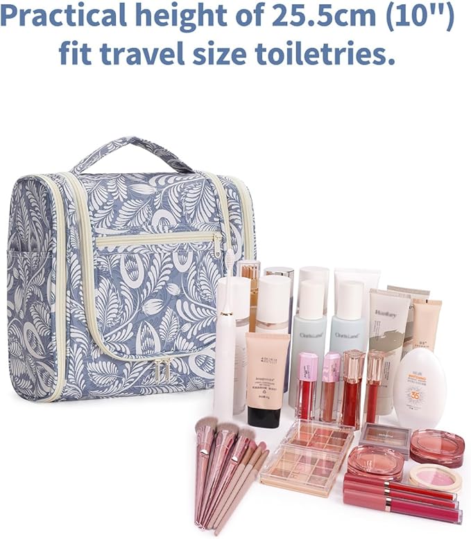 Narwey Hanging Toiletry Bag for Women Travel Makeup Bag Organizer Toiletries Bag Men for Cosmetics Essentials Accessories(Large, Blue Leaf)