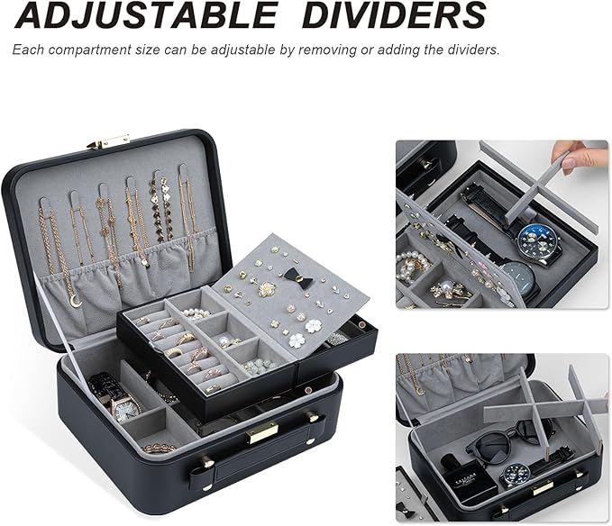 Travel Jewelry Box Jewelry Storage Case Jewelry Suitcase for Women and Men 2 Layer Jewelry Organizer Box with Removable Tray (Black)