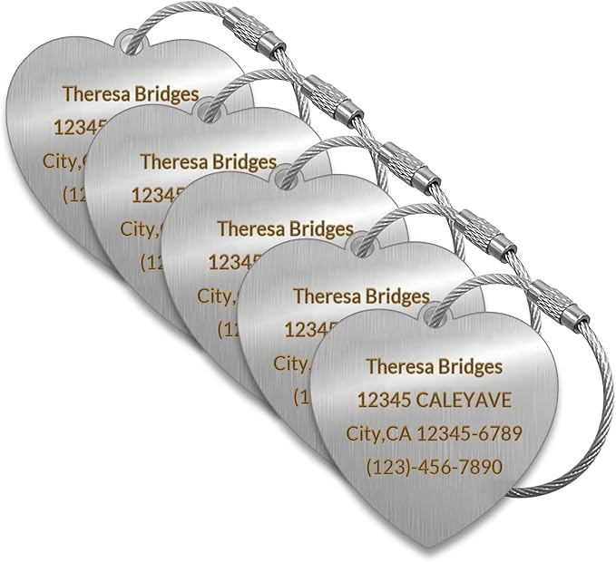 (5pcs) Made in USA Personalized Engraved Luggage tag-Custom Luggage Metal Tags for Unique Suitcase & Backpack Travel, Durable, Waterproof & Heavy Duty (Heart-Shaped)