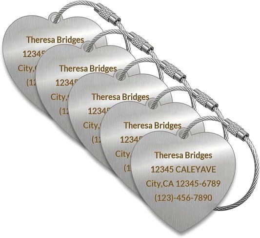 (5pcs) Made in USA Personalized Engraved Luggage tag-Custom Luggage Metal Tags for Unique Suitcase & Backpack Travel, Durable, Waterproof & Heavy Duty (Heart-Shaped)