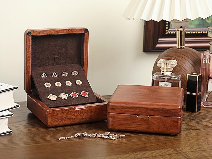 Rosewood Cufflink Organizer Storage Box No-Veneer Solid Wood Craftsmanship Hold 12 Cufflinks Rings Earrings Smooth Surface Soft Coral Fleece Lining Compact for Travel Gift Jewelry Enthusiasts