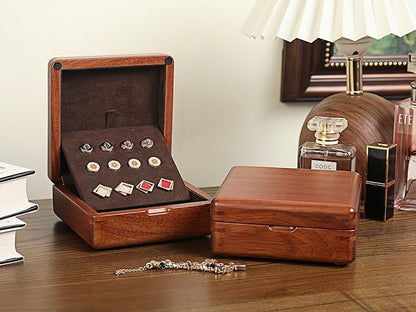 Solid Rosewood Cufflink Organizer Storage Box Genuine Wood Jewelry Case for 12 Cufflinks, Rings, Earrings Compact Travel Gift with Velvety Lining (Dark Brown/Light Coffee)