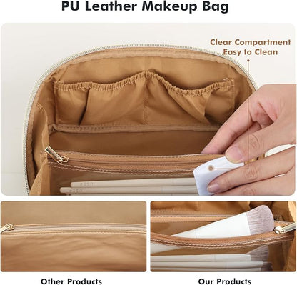 Prite Travel Cosmetic Bag Makeup Organizer Bag For Women Large Capacity Waterproof PU Leather Toiletry Bag with Handle and Clear Divider(Brown Flower)