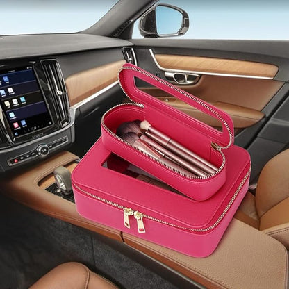 Pinkmik Travel Clear Makeup Bag with Brush Bag Portable Cosmetic Bag Case Transparent Toiletry Bag Cosmetic Organizer Storage Bag for Wome (X/Fuxia, L+SLIM)