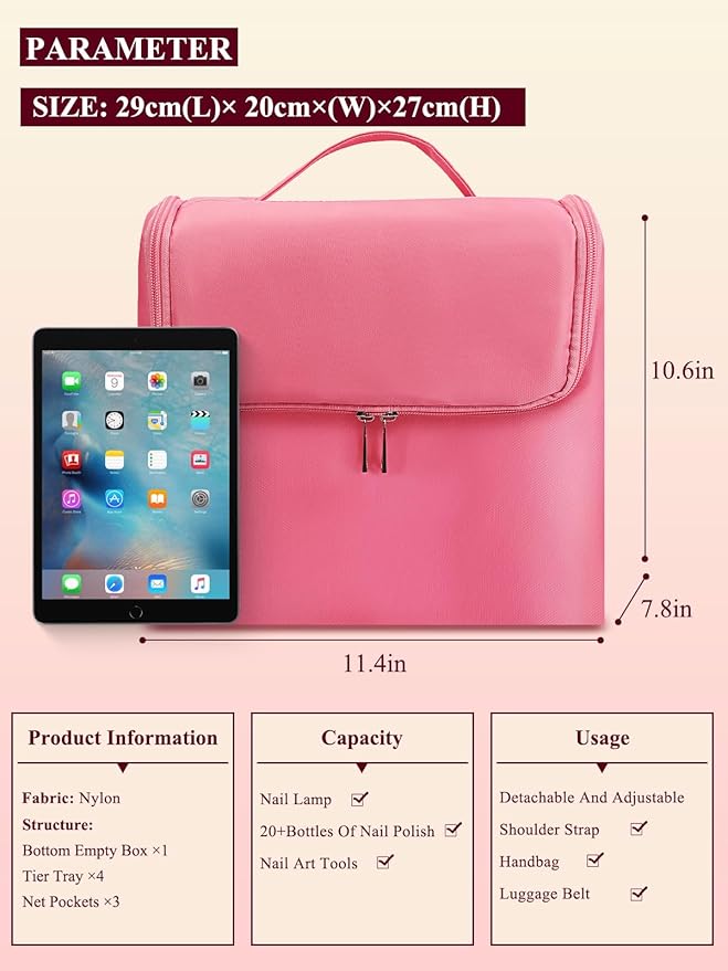 Deciniee Large Pink Makeup Nail Polish Organizer Bag, 4 Tier Professional Makeup Case, Waterproof Nylon, Travel/On-the-go Makeup Storage