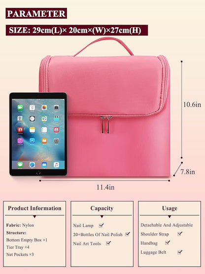 Deciniee Large Pink Makeup Nail Polish Organizer Bag, 4 Tier Professional Makeup Case, Waterproof Nylon, Travel/On-the-go Makeup Storage