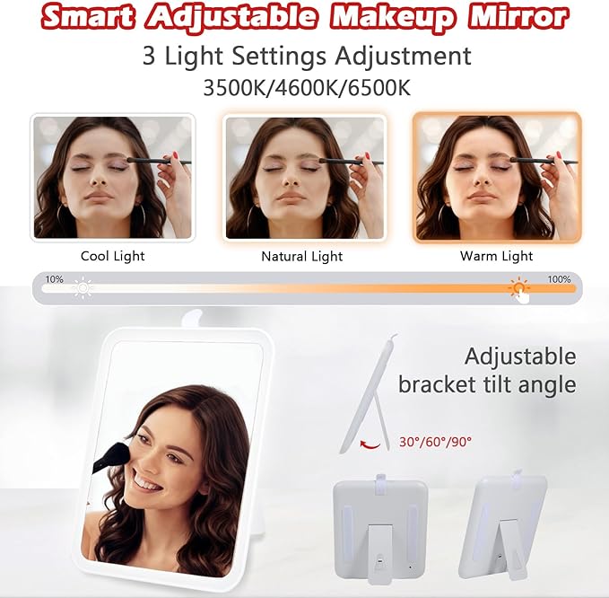 Travel Makeup Bag with Light Up Mirror, Portable Makeup Bag with Led Light Women Waterproof Makeup Travel Case adjustable dividers Rechargeable Vanity Mirror with 3 Color Lights (Black)