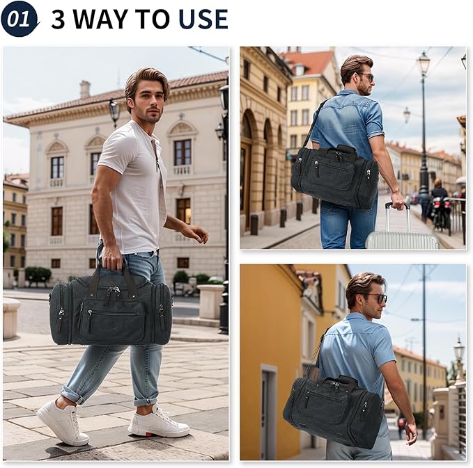 Expandable Canvas Duffel 50cm-58cm, Sturdy Zipper and Reinforced Handles, Lightweight Carry-On Weekender Bag for 3-5 Day Trips, Black