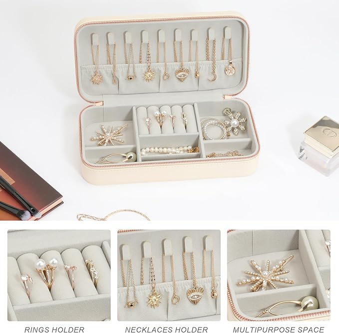 Travel Jewelry Box Jewelry Organizer for Travel Jewellery Organizers Box Jewelry Box for Women on Hallowmas Christmas Valentine's Birthday Beige