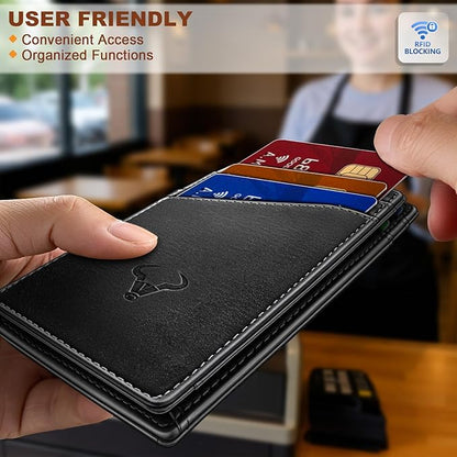 BULLIANT Men Wallet,Top Grain Leather Slim Wallet Magnetic Closure Simplifed Bill Folder RFID Blocking 11Cards