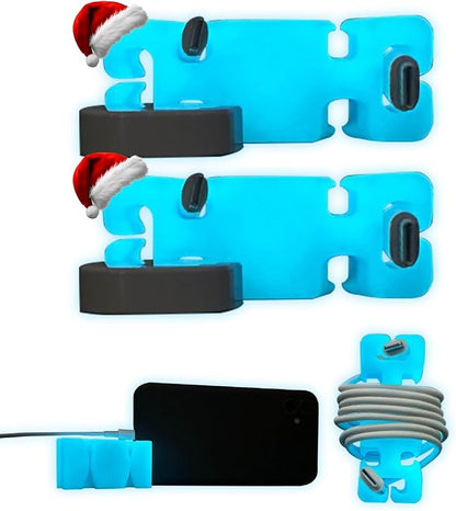 GlowBrick Stocking Stuffers for Adults Cord Management Weighted Cord Holder Cable Wrap Phone Stand - Glow-in-The-Dark Gadget Organizer for Nightstand. Gift for Men, Silicone. 2pk Glowing Blue