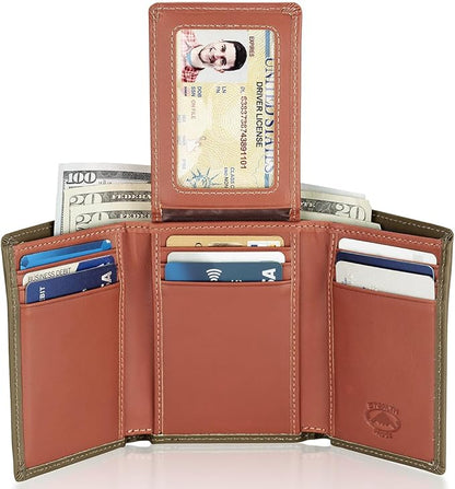 Stealth Mode Trifold Wallet - RFID Blocking Wallet with Flip ID Holder - Leather Case for Money, Credit Cards - Mens Organizer, Divided Billfold, Identity Protection - Men's Gifts (Camo)