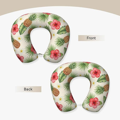 Neck Support Pillow, Comfortable Memory Foam Car/Flight/Airplane Chin Pillows U Shaped Cushion for Office Travel Sleeping Vintage Tropical Flowers Pineapple Floral