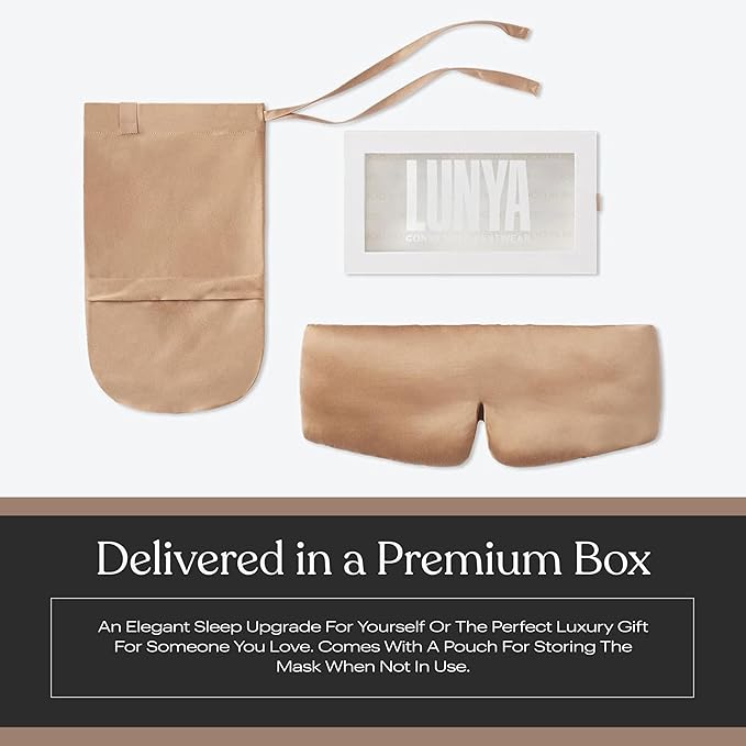 Lunya Weighted Silk Sleep Mask – Mulberry Silk Eye Cover with Cooling Glass Beads, Noise-Reducing Fit, Washable Fabric, and Travel Pouch – Sleeping Mask for Men and Women - Hushed Tan - Small