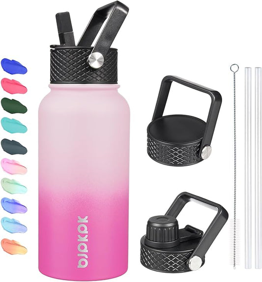 BJPKPK Insulated Water Bottles with Straw Lid, 27oz Stainless Steel Water Bottle with 3 Lids, Leak Proof BPA Free Metal Thermo, Mugs, Tumblers, Keep Cold Hot - Cherry