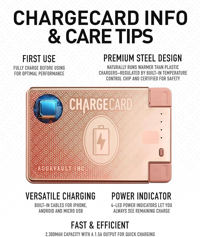 AquaVault ChargeCard – Ultra Slim Emergency Power Bank (2300mAh) – Fits in Wallet – USB-C & Micro-USB – Durable Steel Body – Flight-Safe for iPhone 12-17 & Android - Rose Gold