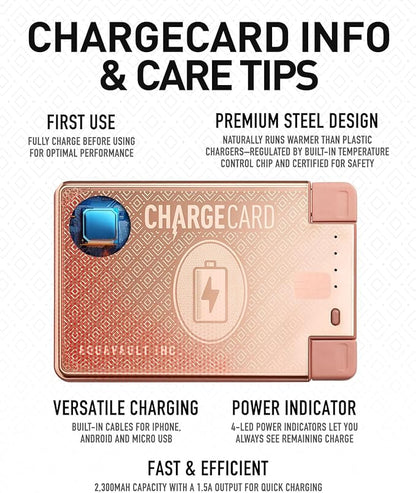 AquaVault ChargeCard – Ultra Slim Emergency Power Bank (2300mAh) – Fits in Wallet – USB-C & Micro-USB – Durable Steel Body – Flight-Safe for iPhone 12-17 & Android - Rose Gold