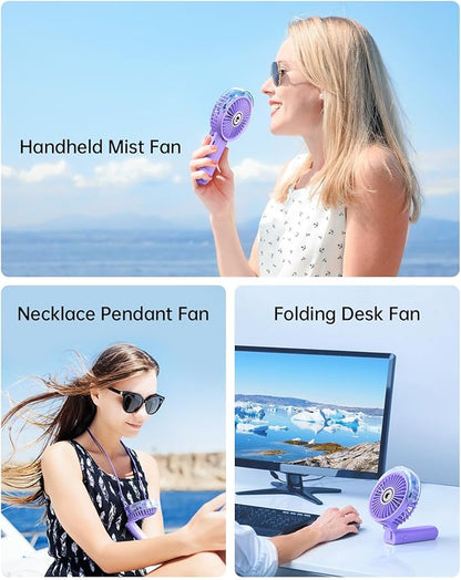 SWEETFULL Portable Misting Fan - 180° Foldable Handheld Personal Fan with Mist Spray, 3 Speeds, 30ml Water Tank, USB Rechargeable for Travel, Outdoors, Makeup, Camping, Home, and Office Use