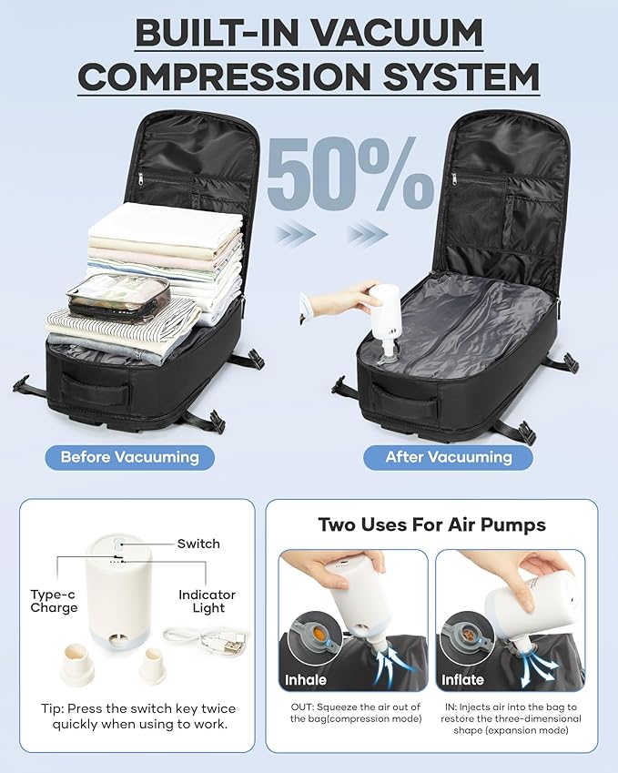 coofay Vacuum Backpack Travel with Pump Vacpack Travel Backpack with Vacuum System Mochila de Viaje Compresion al Vacio Easyvacpack Airbag Backpacks for Traveling Carry on Luggage