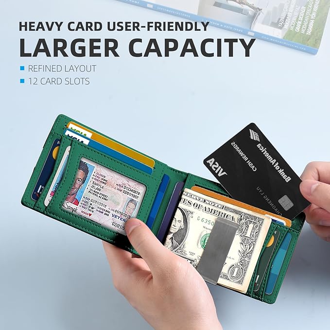 Zitahli Money Clip Wallets for Men,Slim Bifold Wallet 10-12 Cards, Mens Leather Wallet with ID Window,RFID Blocking Thin Minimalist Credit Card Holder,Gifts for Him