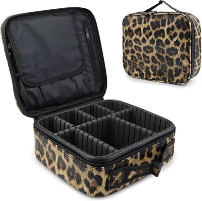 Travel Makeup Bag Makeup Cosmetic Train Case Organizer Portable Storage Bag with Adjustable Dividers for Cosmetics Makeup Brushes Toiletry Jewelry Leopard