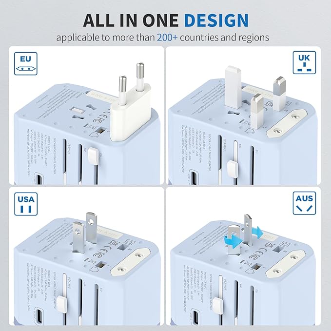 EPICKA Universal Travel Adapter, International Power Adapter with 2 USB-A & 3 USB-C Ports Wall Charger - Worldwide Travel Essentials, European Travel Plug Adapter for UK/US/AU (TA-105C, Blue)