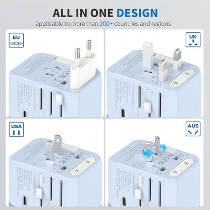 EPICKA Universal Travel Adapter, International Power Adapter with 2 USB-A & 3 USB-C Ports Wall Charger - Worldwide Travel Essentials, European Travel Plug Adapter for UK/US/AU (TA-105C, Blue)