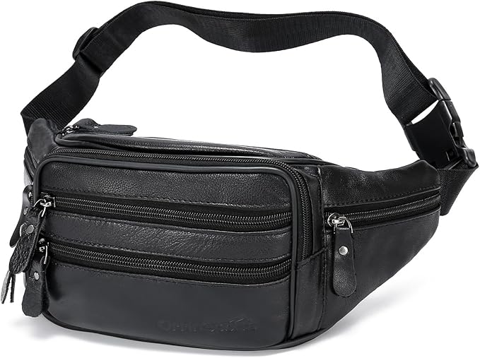Black Leather Fanny Pack for Men & Women, Fashionable Multi-Pockets Waist Belt Bag for Travel Sports Hiking Cycling Fishing Running