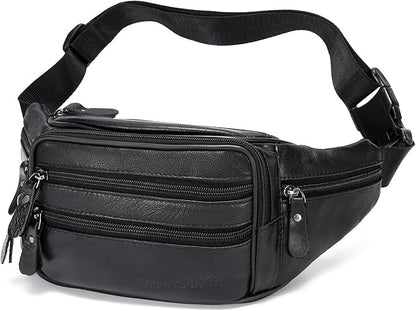 Black Leather Fanny Pack for Men & Women, Fashionable Multi-Pockets Waist Belt Bag for Travel Sports Hiking Cycling Fishing Running