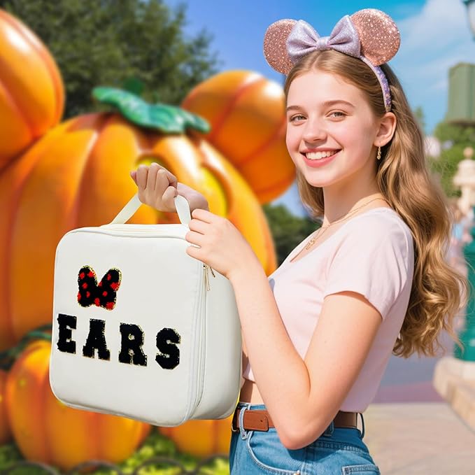 Chenille Letter Bow Mouse Ears Travel Case, Park Ears Headband Holder Hair Accessories Organizer Bag for Girls Women Kids Adults, Large Makeup Bag Snack Bags with Zipper for Travel Picnic - White