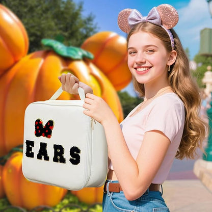 Chenille Letter Bow Mouse Ears Travel Case, Park Ears Headband Holder Hair Accessories Organizer Bag for Girls Women Kids Adults, Large Makeup Bag Snack Bags with Zipper for Travel Picnic - White