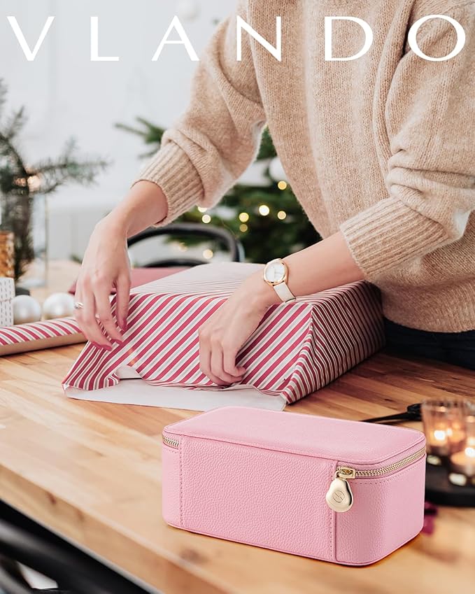 Vlando Jewelry Travel Case with 12 Velvet Jewelry Bags Travel Jewelry Orgainzer for Girls Jewelry Box for Necklace Rings Earrings Bags Christmas Gifts for Women Girls(Pink)