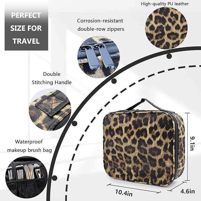 Travel Makeup Train Case Cosmetic Case Organizer Portable Artist Storage Bag with Adjustable Dividers for Cosmetics Makeup Brushes Toiletry Jewelry Digital Accessories (leopard print)