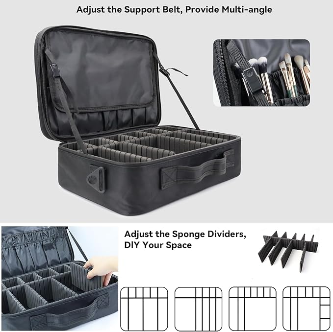 Travel Makeup Train Case Cosmetic Case Organizer Portable Artist Storage Bag with Adjustable Dividers for Cosmetics Makeup Brushes Toiletry Jewelry Digital Accessories（black,L）