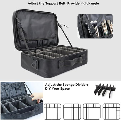 Travel Makeup Train Case Cosmetic Case Organizer Portable Artist Storage Bag with Adjustable Dividers for Cosmetics Makeup Brushes Toiletry Jewelry Digital Accessories（black,L）